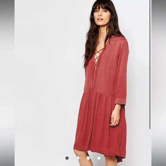 Just Female Terracotta Rust Red Canyon Tie Lace Up Front Smock Dress Size XS - Picture 3 of 11